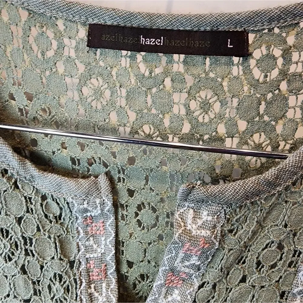 Hazel Green Boho Top Crochet Lace Style Boxy‎ Lifhtweight Gypsey Tunic L